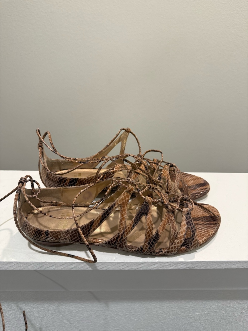 Stuart Weitzman Brown Snake-Print Lace-Up Women's Sandals - Picture 2 of 6